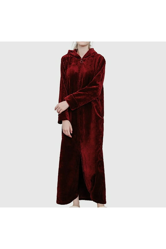 Womens Housecoat Zip Robe Plus Size Winter Hooded Bathrobe Coral Velvet Full Length Pajamas with Pockets