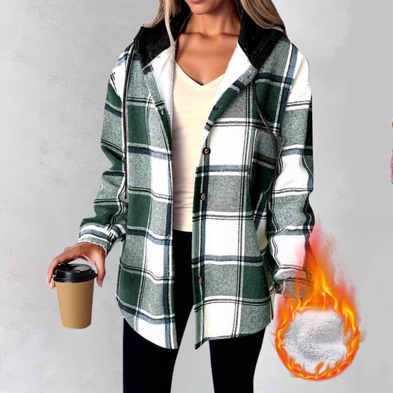 Miqool Womens Jackets Lightweight Casual Jacket Plaid Long Sleeve Shacket Fleece Lined Hooded Jackets Warm Coat