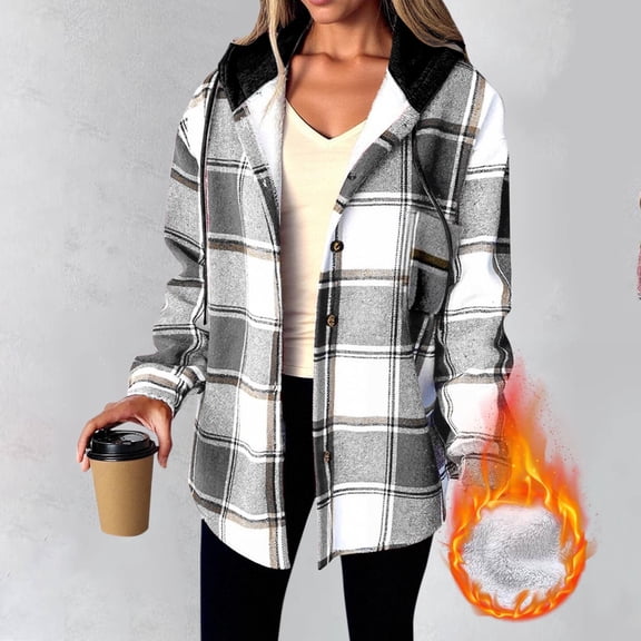 Miqool Womens Jackets Lightweight Casual Jacket Plaid Long Sleeve Shacket Fleece Lined Hooded Jackets Warm Coat