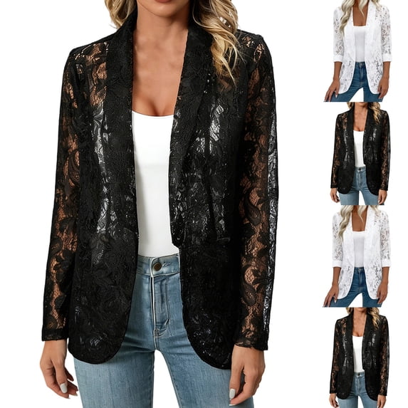 Miqool Womens Lace Blazer Open Front Long Sleeve Lapel Neck Sheer Cardigan Jacket for Spring Summer