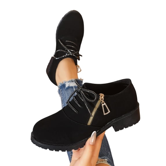 Miqool Womens Lace Up Platform Shoes Side Zipper Low Block Heel Round Toe Casual Comfort Work Dress Shoes
