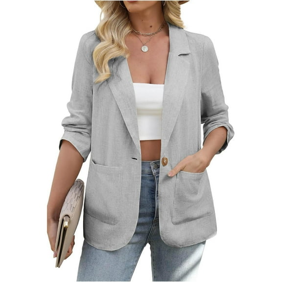 Miqool Womens Linen Blazer Casual Long Sleeve Lightweight One Button Jackets Spring Summer Suit