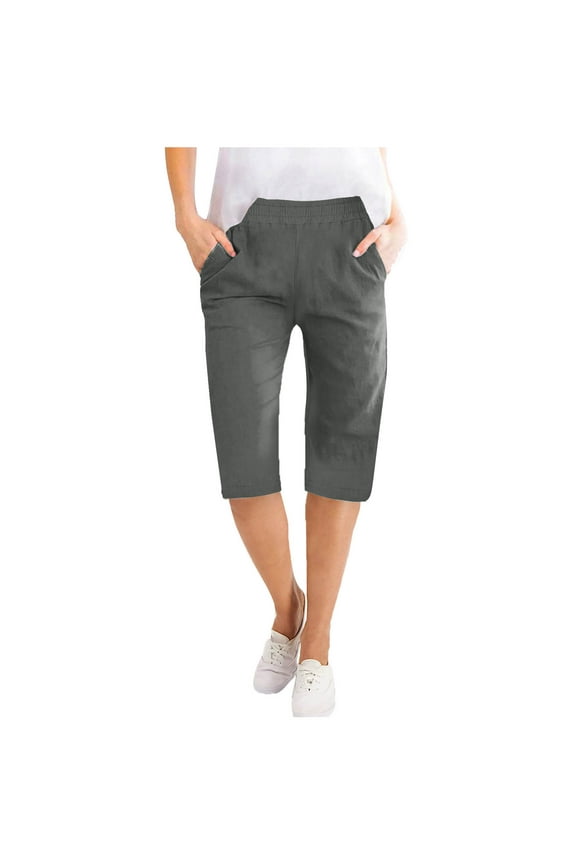 Womens Linen Capri Pants Lightweight Elastic High Waisted Cropped Pants Trousers Summer Casual Loose Wide Leg Lounge Beach Capris with Pockets