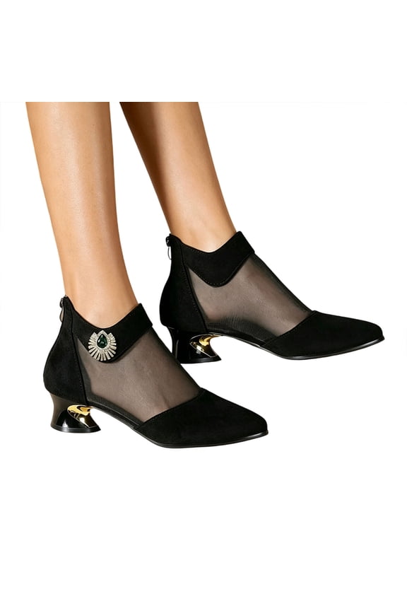Womens Mesh Ankle Booties Rhinestone Ankle Strap Curved Low Block Heel Pointed Toe Summer Casual Wedding Dress Shoes