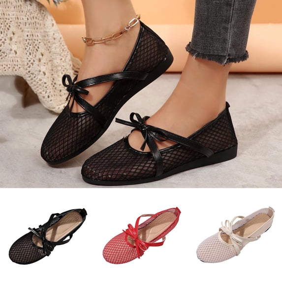 Miqool Womens Mesh Bow Loafers Round Toe Closed Toe Soft Sole Slip On Casual Breathable Flat Shoes