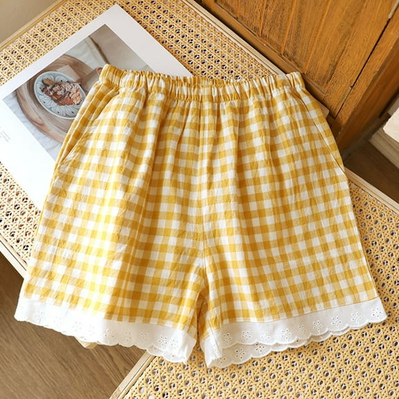 Miqool Womens Plaid Pajama Shorts Y2K Beach Bottoms Lace Trim Cotton Pjs Shorts with Pockets