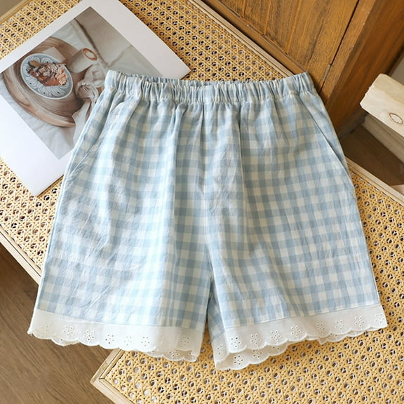 Miqool Womens Plaid Pajama Shorts Y2K Beach Bottoms Lace Trim Cotton Pjs Shorts with Pockets
