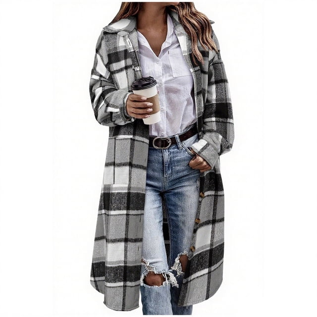 Miqool Womens Plaid Shacket Jacket Long Corduroy Shirt Casual Lapel Button Down Flannel Trench Coats