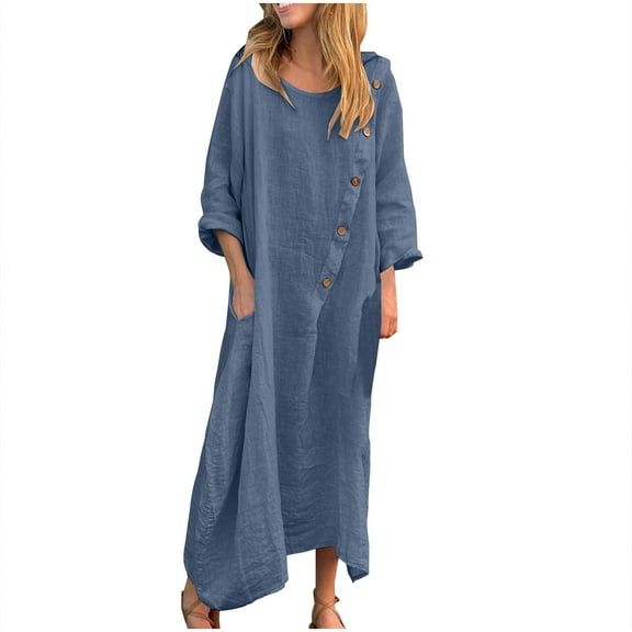 Miqool Womens Plus Size Cotton Linen Maxi Dresses Buttons Casual Loose Fit Long Sleeve Oversized Irregular Flowy Long Dress Beach Cover Ups with Pockets