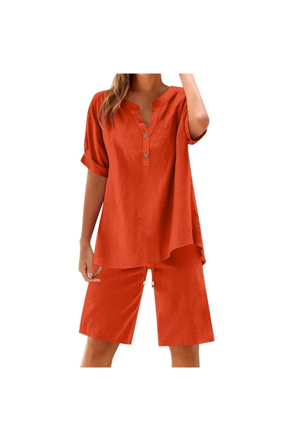 Womens Plus Size Cotton Linen Shorts Sets Summer Outfits Oversized Tops and Bermuda Shorts 2 Piece Matching Lounge Sets Tracksuits