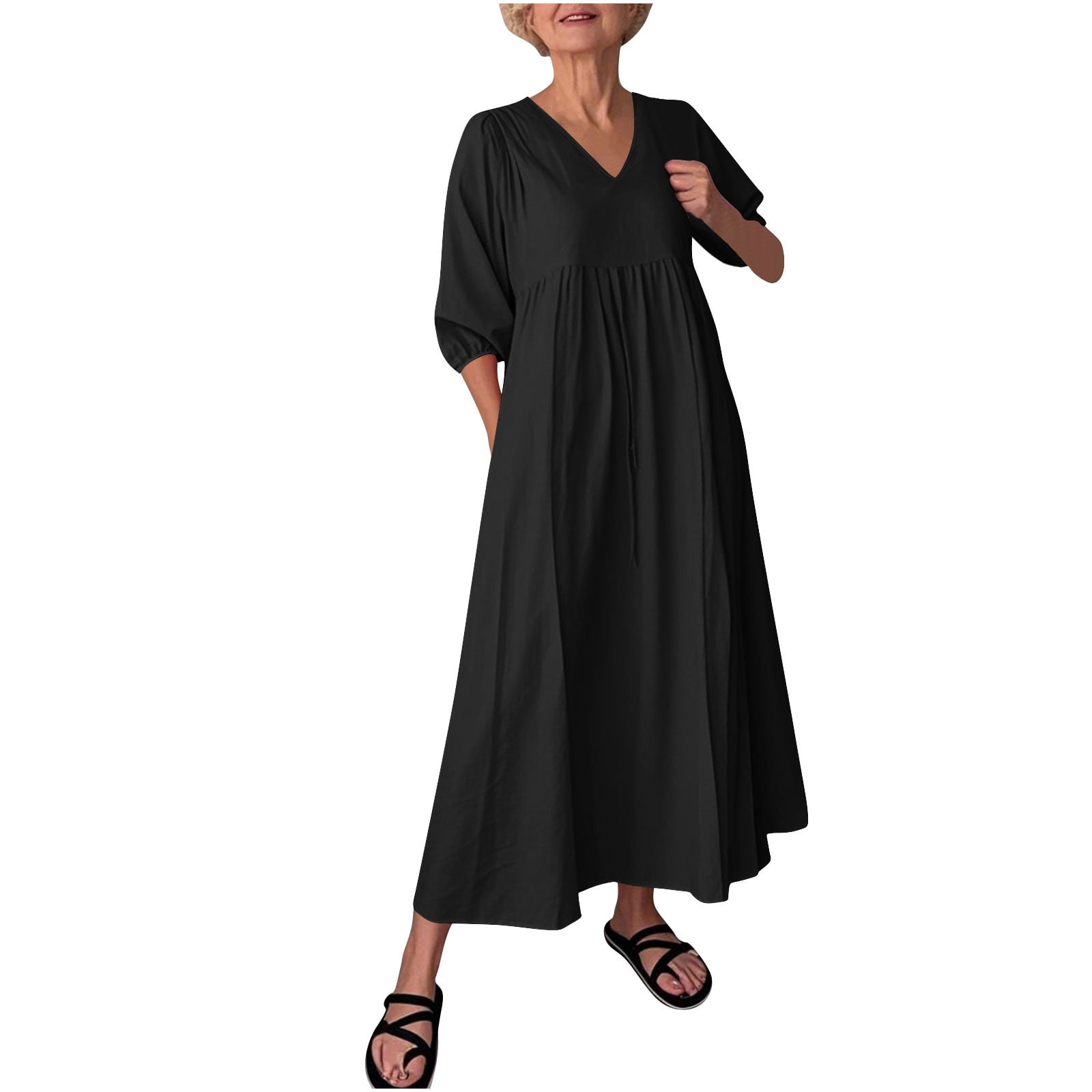 maxi dresses plus size sale Miqool Womens Plus Size Cotton Linen 3/4 Sleeve Maxi Dress V Neck Pleated Casual A Line Flowy Long Dress Cocktail Dresses with Pockets, Women's, Size: