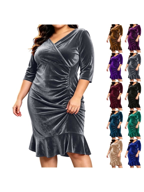Womens Plus Size Velour Midi Dress V Neck 3/4 Sleeve Ruched Ruffle Hem Bodycon Dresses Fleece Cozy Cocktail Dress