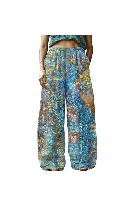 Womens Retro Floral Boho Palazzo Pants Cotton Linen Elastic High Waisted Casual Wide Leg Lounge Pants Summer Beach Pants Trousers with Pockets