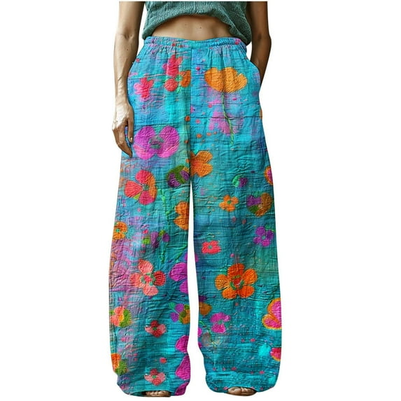 Miqool Womens Retro Floral Boho Palazzo Pants Cotton Linen Elastic High Waisted Casual Wide Leg Lounge Pants Summer Beach Pants Trousers with Pockets