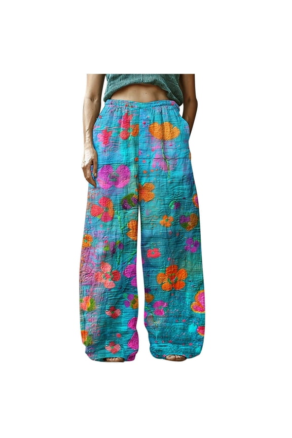 Womens Retro Floral Boho Palazzo Pants Cotton Linen Elastic High Waisted Casual Wide Leg Lounge Pants Summer Beach Pants Trousers with Pockets