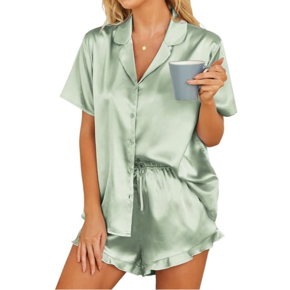 Miqool Womens Satin Pajamas Set Button Down 2 Piece Pjs Cute Ruffled Shorts Set Soft Sleepwear Nightwear
