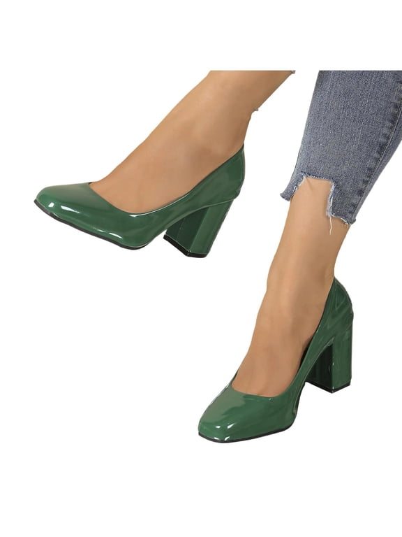 Womens Square Toe Block Heel Pumps Slip On Chunky High Heel Dress Shoes Comfortable Office Work Casual Walking Shoes