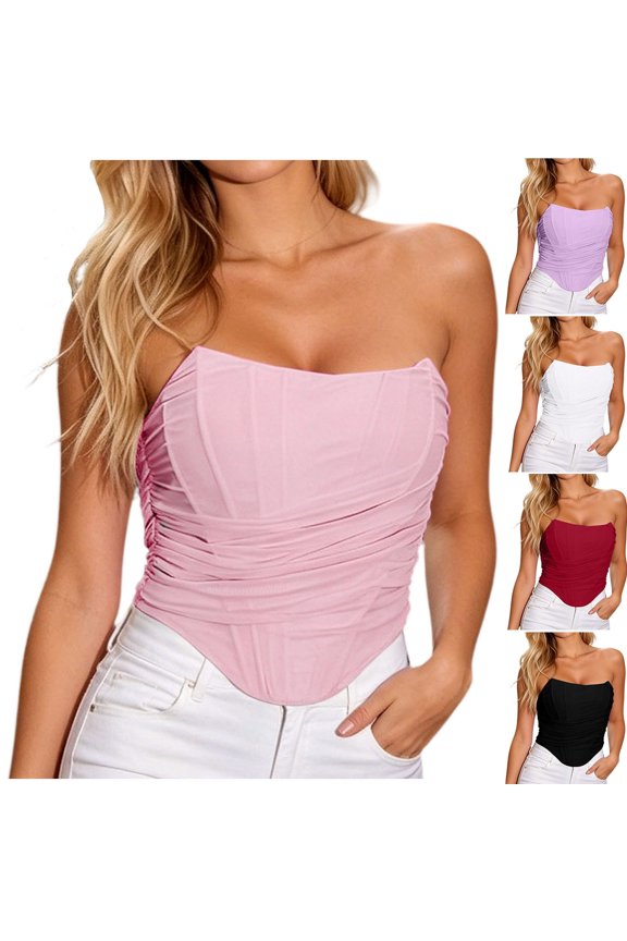 Womens Strapless Open Back Bodyshaper Zip Back Boned Overbust Corset Bustier Ruched Crop Tops