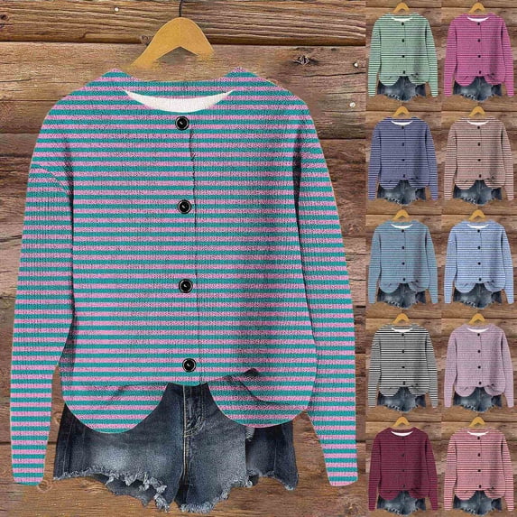 Miqool Womens Striped Cardigan Sweater Crew Neck Knit Button Down Long Sleeve Casual Sweaters