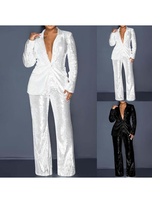 Womens Suit 2 Piece Sets Sequins Long Sleeve Collared Blazer and Straight Leg Pants Shiny Glitter Outfits