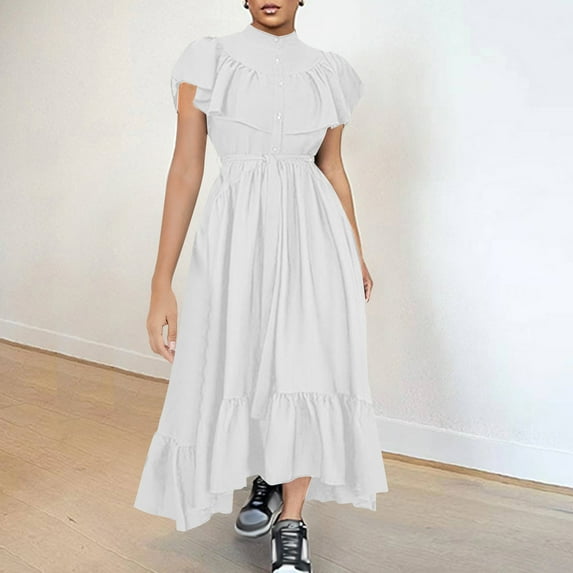 Miqool Womens Summer Dresses Short Sleeve Maxi Dress Casual Loose Button Down Tiered A Line Flowy Midi Shirt Dress