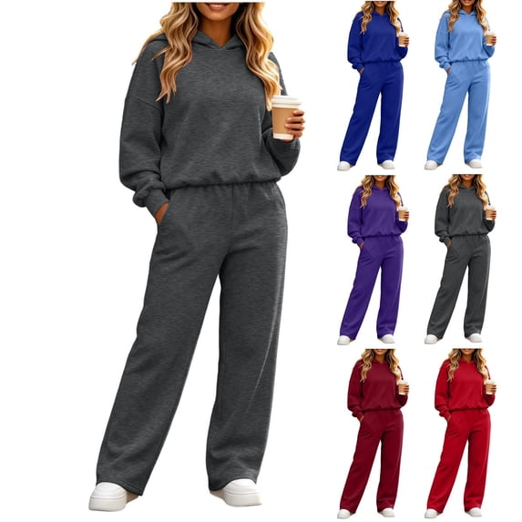 Miqool Womens Sweatsuits 2 Piece Outfits Fleece Cozy Long Sleeve Hoodie Wide Leg Sweatpants Tracksuit Sets