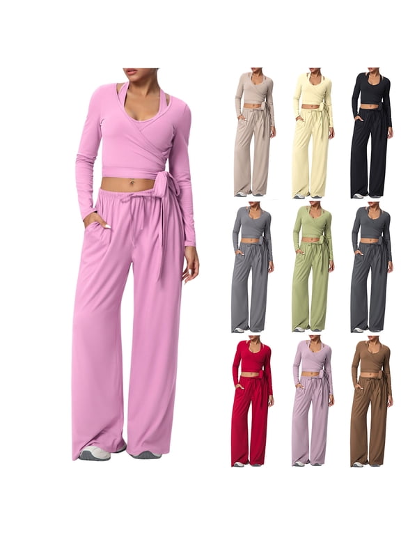Womens 3 Piece Matching Activewear Sets, Yoga Workout Fall Outfits Sports Bra Wrap Front Long Sleeve Top and Wide Leg Drawstring Waist Pants Set