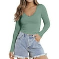 thumbnail image 1 of Miqool Womens Tops V Neck Lace Long Sleeve Shirts Basic Fitted Double Lined Going Out Y2K Trendy Fall Tops, 1 of 9