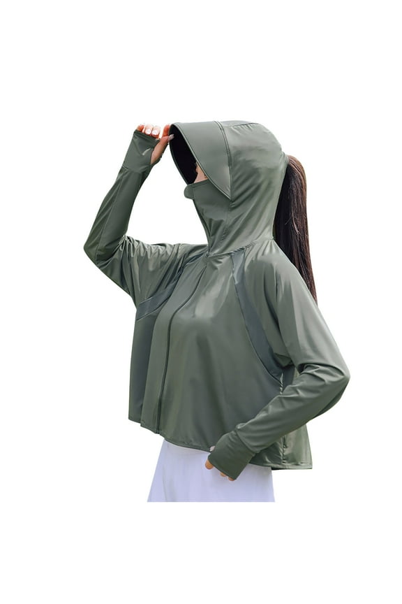 Womens UPF 50+ Sun Protection Jacket Lightweight Quick Dry Full Zip Up Long Sleeve Sun Shirt Outdoor Running Hiking Fishing Hoodie with Face Cover and Thumb Holes