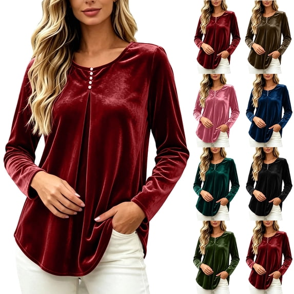 Miqool Womens Velvet Tops Round Neck Soft Comfortable Long Sleeve Shirts Casual Elegant Fall Winter Holiday Blouse