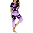 thumbnail image 1 of Miqool Womens Vintage Floral Print Pajama Sets Pjs Set Short Sleeve Pleated Flowy Tunic Tops and Capri Pants Sleepwear 2 Piece Lounge Set, 1 of 6