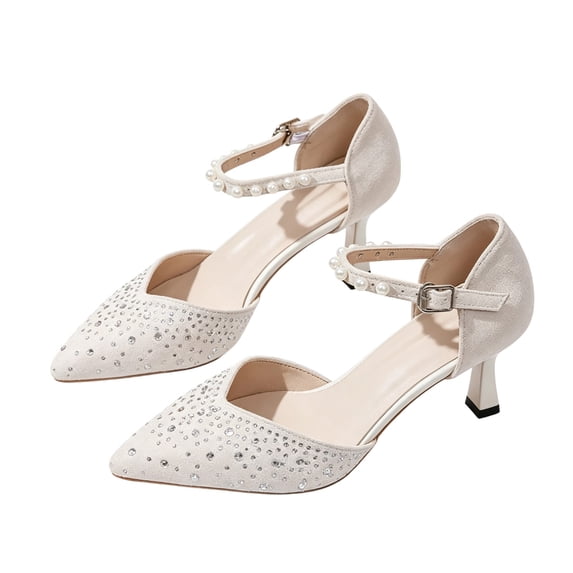 Miqool Womens White High Heels Rhinestone Pearl Ankle Strap Pointed Toe Evening Wedding Dress Pumps Bridal Footwear
