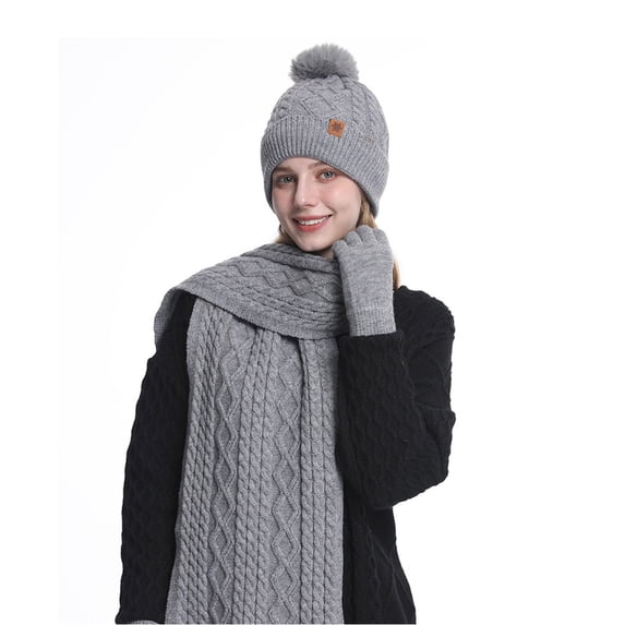 Miqool Womens Winter Hat Scarf Gloves Set, Knit Touch Screen Gloves Long Scarf Skull Caps Fleece Lined Winter Gift
