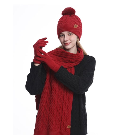 Miqool Womens Winter Hat Scarf Gloves Set, Knit Touch Screen Gloves Long Scarf Skull Caps Fleece Lined Winter Gift