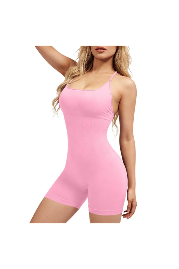Womens Workout Romper Ribbed Unitard Stretch Seamless One Piece Yoga Gym Short Jumpsuits Tummy Control Sleeveless Criss-Cross Back Going Out Bodycon Bodysuit