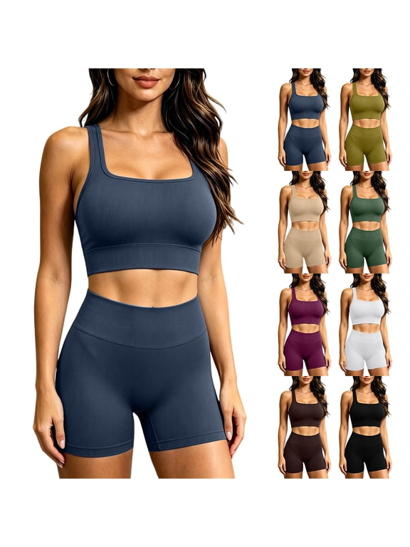 Workout Sets for Women 2 Piece Sports Bra Crop Top High Waist Booty Shorts Seamless Yoga Athletic Gym Outfits Lounge Activewear