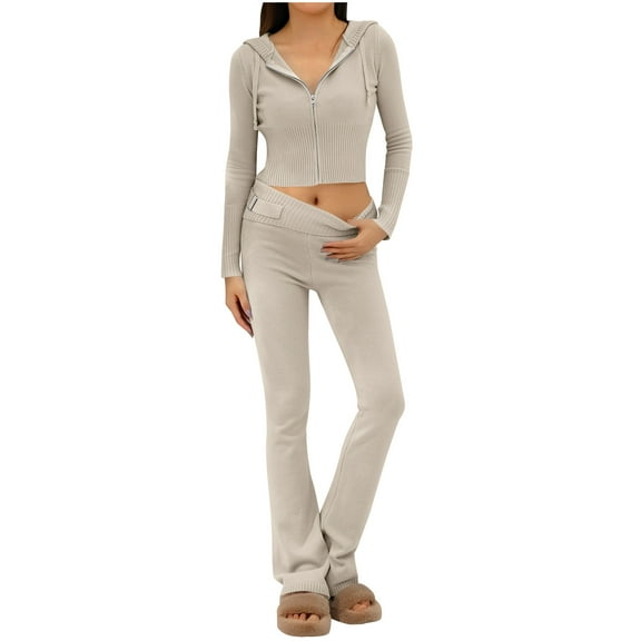 Miqool Yoga Sets for Women Ribbed Knit 2 Piece Tracksuit Fall Winter Outfits Zipper Up Slim Hooded Top Long Pants Set Y2K Loungewear