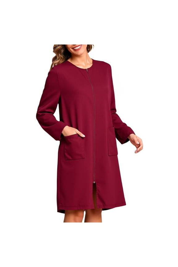 Zip Up Robes for Women Casual Long Sleeve Bathrobe Lightweight Knee Length Housecoat with Pockets Nightgown