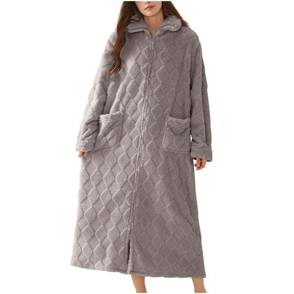 Miqool Zipper Bathrobe for Womens Flannel Fleece Robes with Pocket Winter Warm Housecoat Nightgown Sleepwear Pajamas
