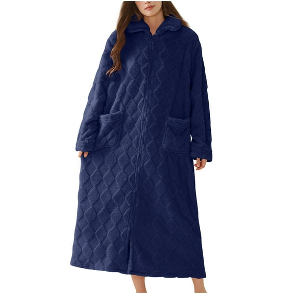 Miqool Zipper Bathrobe for Womens Flannel Fleece Robes with Pocket Winter Warm Housecoat Nightgown Sleepwear Pajamas