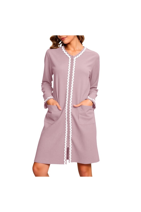 Zipper Robes for Women Long Sleeves Lightweight House Coat Zip Up Bathrobe Soft Nightgown with Pockets