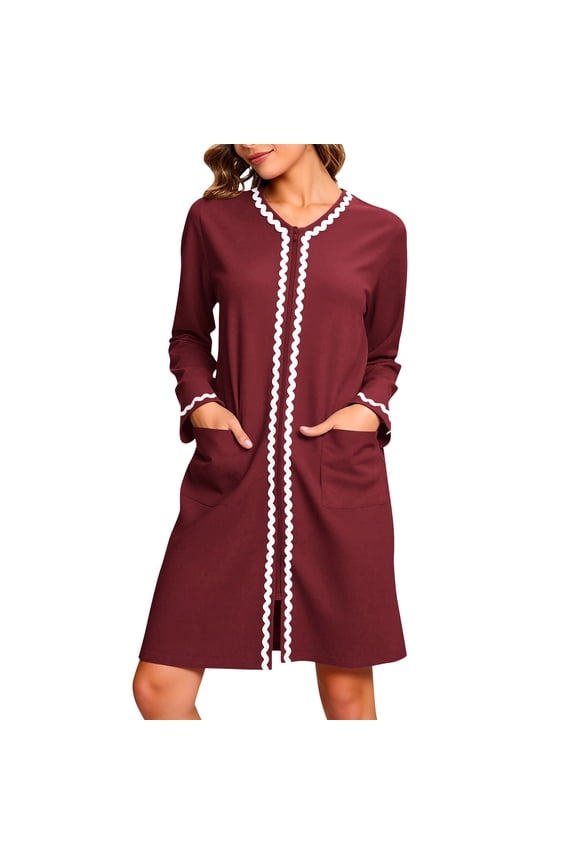 Zipper Robes for Women Long Sleeves Lightweight House Coat Zip Up Bathrobe Soft Nightgown with Pockets
