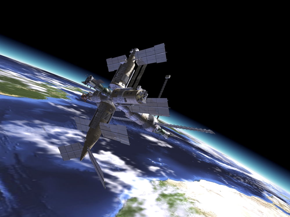 Mir Russian Space Station in orbit over Earth Canvas Art - Leonello CalvettiStocktrek Images (33 x 25)