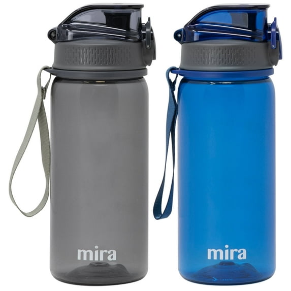 Mira 2 Pack 17 oz Reusable Tritan Water Bottle - BPA-Free Plastic Sports Water Bottle - Leak Proof Locking Flip Top Lid with Easy Flow Spout - Charcoal, Navy