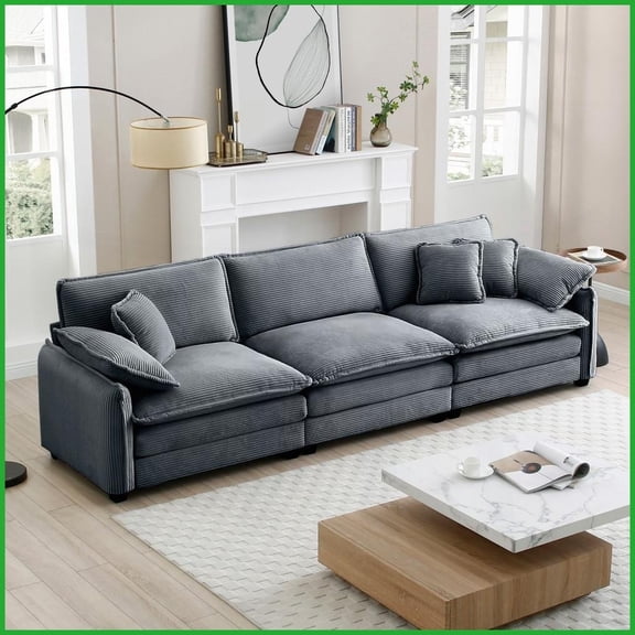 Mira 3-Seater Retro Modern Sofa with Plush Grey Corduroy Fabric for Living Room