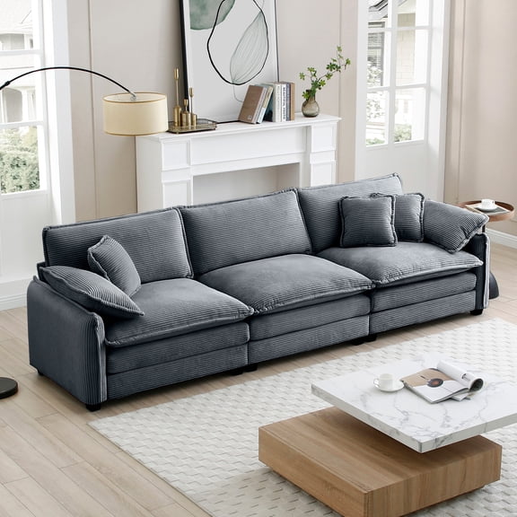 Mira 3 Seater Sofa in Grey Corduroy: Stylish Retro Design, Cloud-Like Comfort with Memory Foam, Plush Fabric for Living Rooms & Bedrooms.