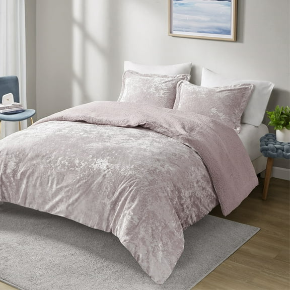 Mira Crushed Velvet Sherpa Reversible Comforter Set in Lavender - Luxurious 100% Polyester Comforter & Shams, Cozy Sherpa Back, Soft and Stylish Bedding for Ultimate Comfort