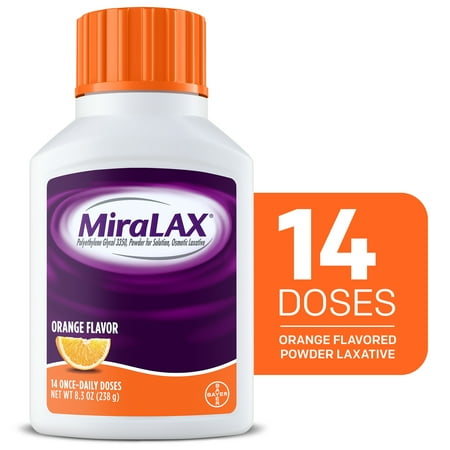MiraLAX Laxative Powder for Gentle Constipation Relief, PEG 3350, Orange Flavor, 14 Dose