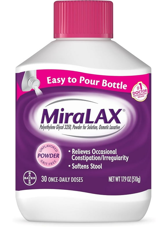 MiraLAX Laxative Powder, Gentle Constipation Relief, PEG 3350, Physician Recommended, No Harsh Side Effects, 30 Dose