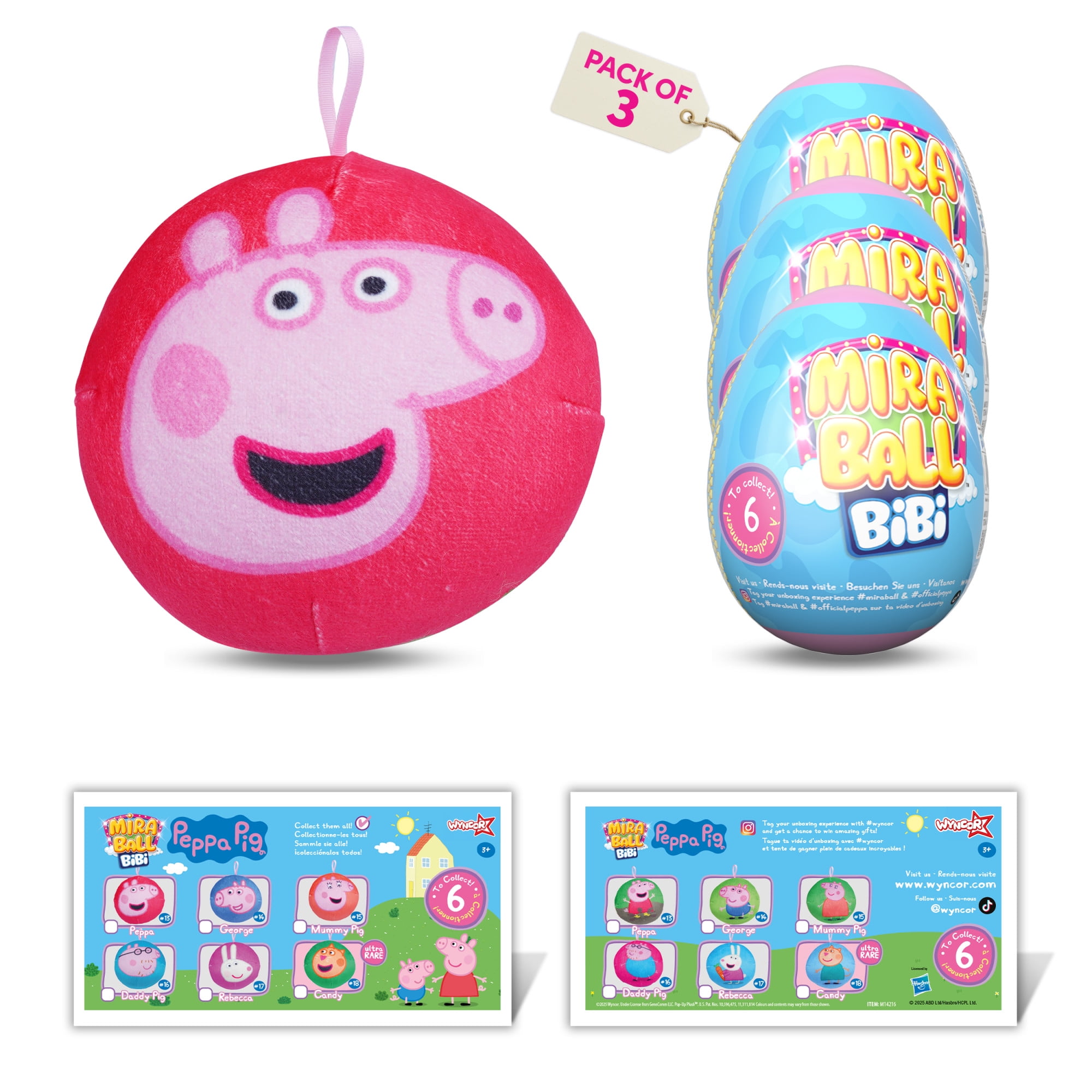 Miraball Bibi Peppa Pig, Surprise Egg Capsules with Memory Foam Expandable Plush Toys – 3.7" (9.5cm) Soft Collectibles with Surprises Each – Fun Gift for Kids, Parties & Holidays (Pack of 3)